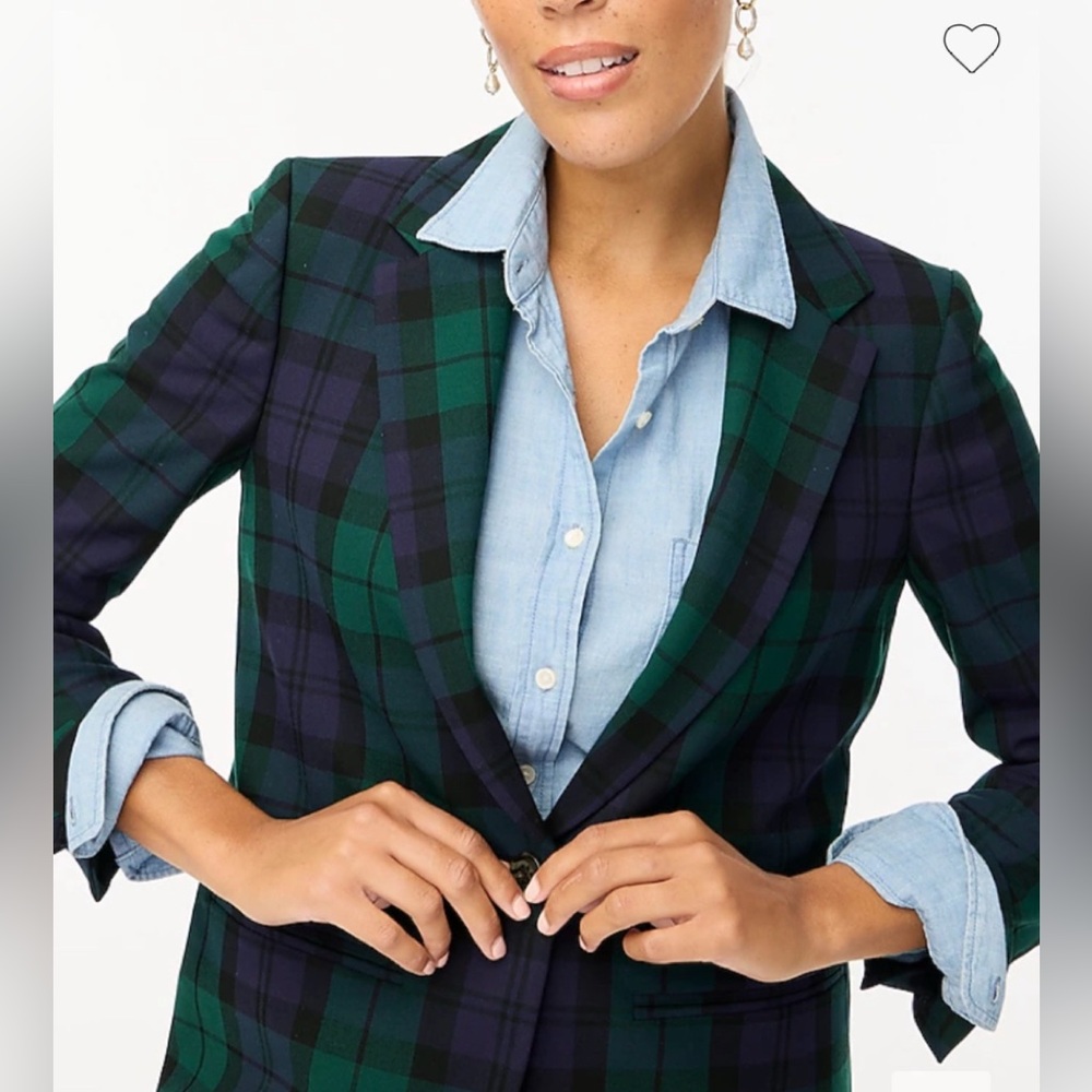 J. Crew Black Watch Plaid Green One Button Blazer